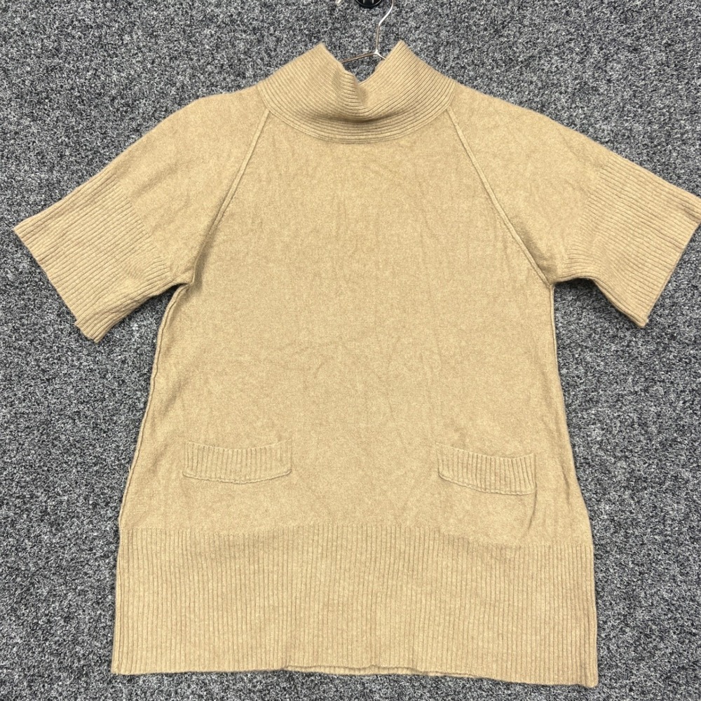 Organic 100% Cashmere Mock Neck Short Sleeve Sweater Tan Camel Small Pockets
